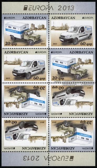 Briefmarken-Ausgabe Aserbaidschan: EUROPA CEPT Gemeinschaftsausgabe 2013 - Postfahrzeuge
